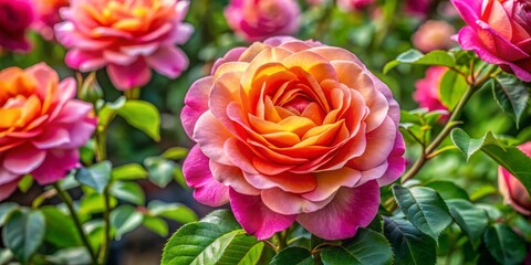 Fototapeta premium In full bloom, a lovely Japanese rose plant displays its delicate petals against a gentle natural background,