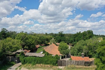 Drone view of the Museum of Ukrainian Cossacks on Khortytsia Island in Zaporizhzhia in the summer. One of the Ukrainian historical heritage examples concept.