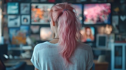  Young woman with pink hair working remotely on video team meeting call talking to colleagues, remote work and flexible culture concept, mixed race female digital nomad freelancing on home computer 