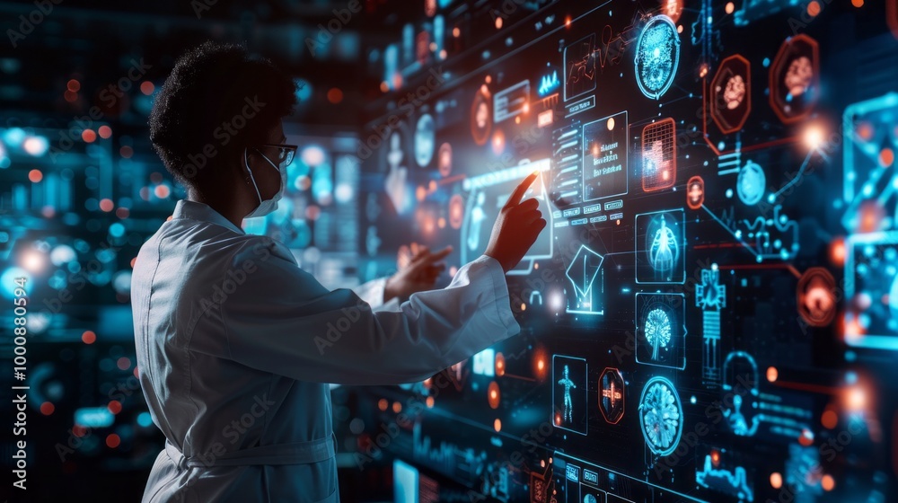 Poster A woman in a white lab coat is pointing at a computer screen with a lot of numbe
