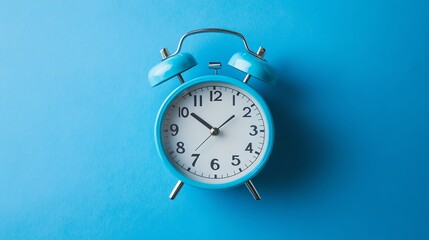 A blue alarm clock on a blue background.