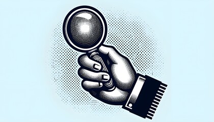 Trendy hand holding a magnifying glass, cutout hand halftone design element