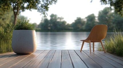 Fototapeta premium A lone chair facing the water, positioned on a wooden dock with a concrete planter beside it, the calm lake reflecting the serene atmosphere, surrounded by lush greenery.