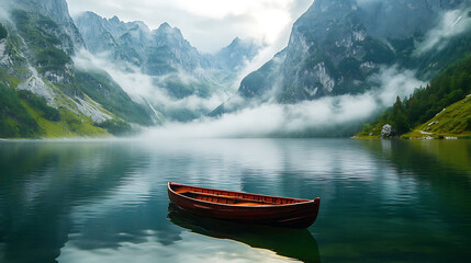 A lone wooden boat sits on a calm lake with mist swirling around the majestic mountain peaks.
