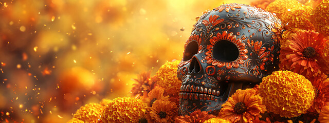Skull adorned with floral designs and marigold flowers on a yellow background, representing traditional Day of the Dead celebrations. Colorful and vibrant,...