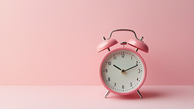 A pink alarm clock sitting on a pink background.