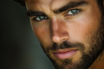 Fototapeta premium A close-up of a man's striking face highlighting strong jawline and captivating blue eyes