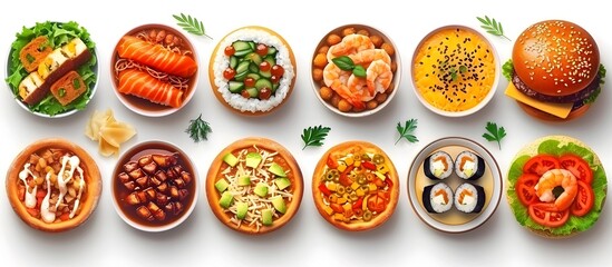 Isometric of Diverse Culinary Assortment on White Background