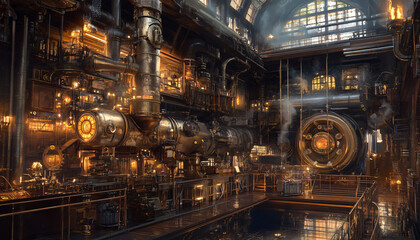 A Victorian-inspired mechanical world with gears, cogs, steam pipes, and brass accents, blending fantasy with machinery
