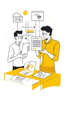 A man and woman, pointing at each other with papers in their hands, working on laptops, simple line art, doodle style