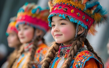 Fototapeta premium Joyous Children in Vibrant Traditional Costumes Performing Cultural Folk Music at Outdoor Festival