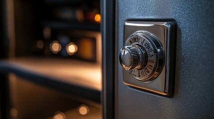 Close up of a safe dial with the inside of the safe visible.