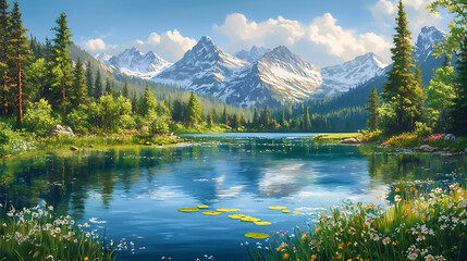 Fototapeta premium A serene mountain lake with a backdrop of snow-capped peaks, reflecting the blue sky and fluffy white clouds. Lush green trees and wildflowers line the shore.