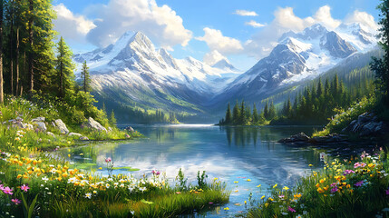 Fototapeta premium A serene mountain lake with snow-capped peaks reflected in the clear water, surrounded by lush greenery and vibrant wildflowers in bloom.