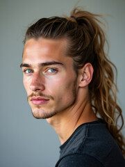 Obraz premium A thoughtful portrait of a young man with long, sandy blonde hair tied in a ponytail, gazing sidelong with calm intensity. His sharp features are highlighted by the simple background.