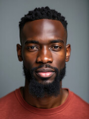Obraz premium A close-up portrait showing a man with short curly hair and beard, wearing a red shirt with a serious expression. Background is soft grey, focusing on the subject's face.
