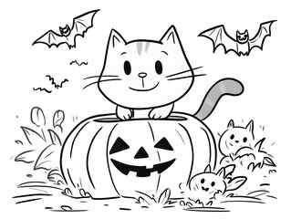 Fototapeta premium Cute halloween cat and pumpkin, perfect for a children's coloring book