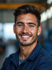 Fototapeta premium A man is seen smiling in his work attire inside an automotive workshop, surrounded by various tools. His cheerful demeanor suggests job satisfaction and professionalism in his occupation.
