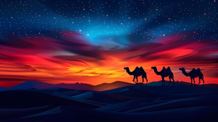 Mesmerizing Sahara Sunset with Camel Silhouettes in Dramatic Landscape