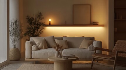 Mock up frame in a cozy living room featuring natural wooden furniture and warm lighting, 3D render