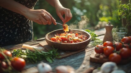 Over an antique wooden table, a woman prepares homemade pasta with cheese and tomato sauce. Tomato, olive oil, cheese, herbs, spices, and tomato sauce under the summer sun on a worn wooden table.