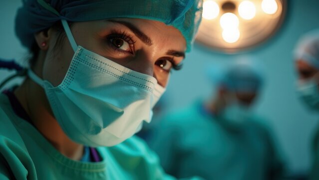 A surgeon and their team, all dressed in green scrubs, are intensely focused on a critical medical procedure in an operation room, illustrating the importance of medical expertise, teamwork, and patie