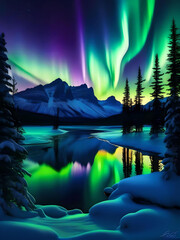 Icy Lake with Mountains and Northern Lights 