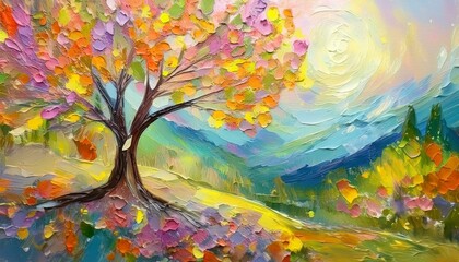 Naklejka premium Painting of a tree with colorful flowers in the autumn season. Oil color painting. Generative AI.