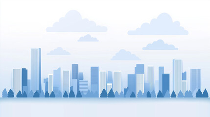 Fototapeta premium Monochrome urban landscape with clouds in the sky. Blue city buildings with trees. Modern architectural flat style vector illustration. Vector cityscape background.