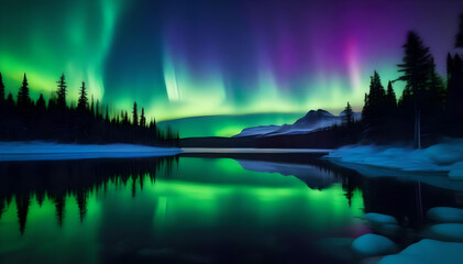 Aurora Borealis Reflecting off of Frozen Lake 