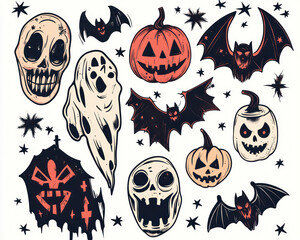 A colorful Halloween-themed illustration featuring skulls, pumpkins, ghosts, bats, and stars in black and orange tones.