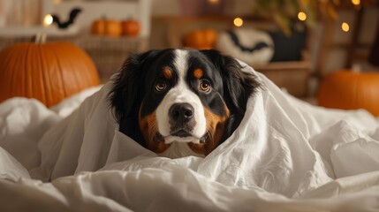 Obraz premium 2408 66.A playful Halloween scene featuring a Bernese mountain dog dressed as a ghost, its large, friendly eyes peeking out from a white sheet. The background is festive, with Halloween decorations