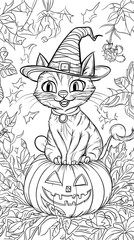 Black cat kitten on a swing, playful Halloween cartoon illustration for children's coloring book