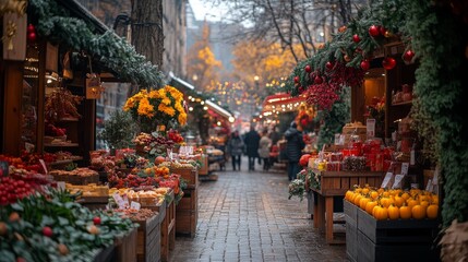 Fototapeta premium Bustling city market adorned with autumn decorations showcasing fresh produce and vibrant colors