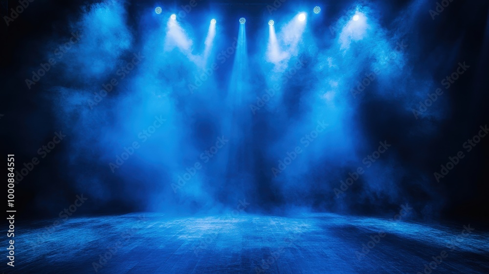 Wall mural Dramatic Blue Stage with Fog and Lights