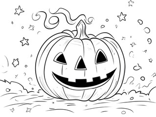 Scary cartoon Halloween pumpkin with black cat and spooky ghost, orange autumn decoration for children's coloring book