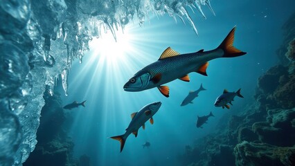 Obraz premium Fish swim gracefully under the ice in crystal clear water, where bright sunlight penetrates the surface, creating a striking contrast between the aquatic life and icy environment.
