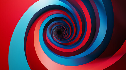Abstract 3D spiral of red and blue geometric shapes leading to a black hole.