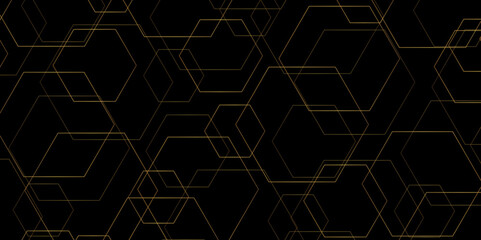 Abstract minimal geometric black and gold light background design. Vector illustration of hexagons pattern. luxury black pattern geometric mesh cell texture. Modern pattern elegant gold line template