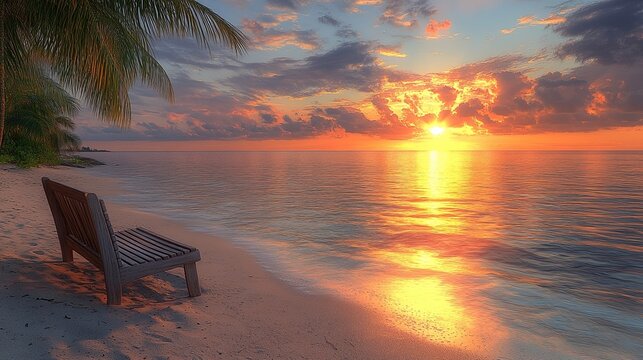 A lone wooden bench sits on a pristine beach, facing the breathtaking sunset over the calm ocean, casting a warm glow on the sand and reflecting the fiery hues of the sky.
