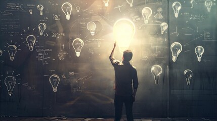 Man Illuminating Idea Amidst Lightbulbs and Chalkboard Scribbles in Innovative Setting