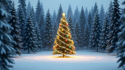 Obraz premium 3D Christmas tree with glowing ornaments in snowy forest