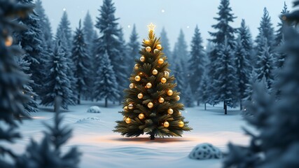 Fototapeta premium 3D Christmas tree with glowing ornaments in snowy forest