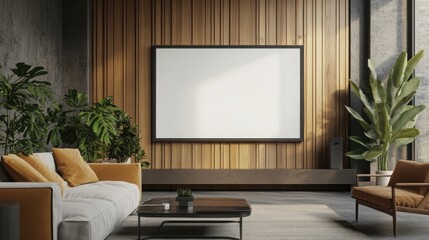 Mock up frame in a minimalist living room with clean lines and natural wooden furniture, 3D render 