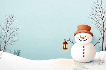 Cheerful snowman with lantern stands in a peaceful winter landscape, surrounded by snow and bare trees, perfect for holiday themes.