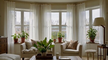 Obraz premium A living room window decorated with sheer white curtains, allowing soft natural light to filter in