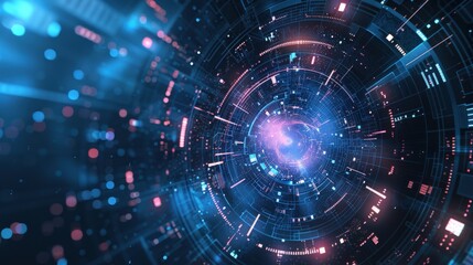 Obraz premium Abstract futuristic data vortex with glowing neon lights, representing digital connectivity, information flow, and advanced technology in cyber world. Blue pink colors create dynamic visual effect.