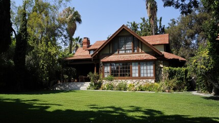 Los Angeles House. Iconic Architecture and Home with Majestic Sky and Lush Garden