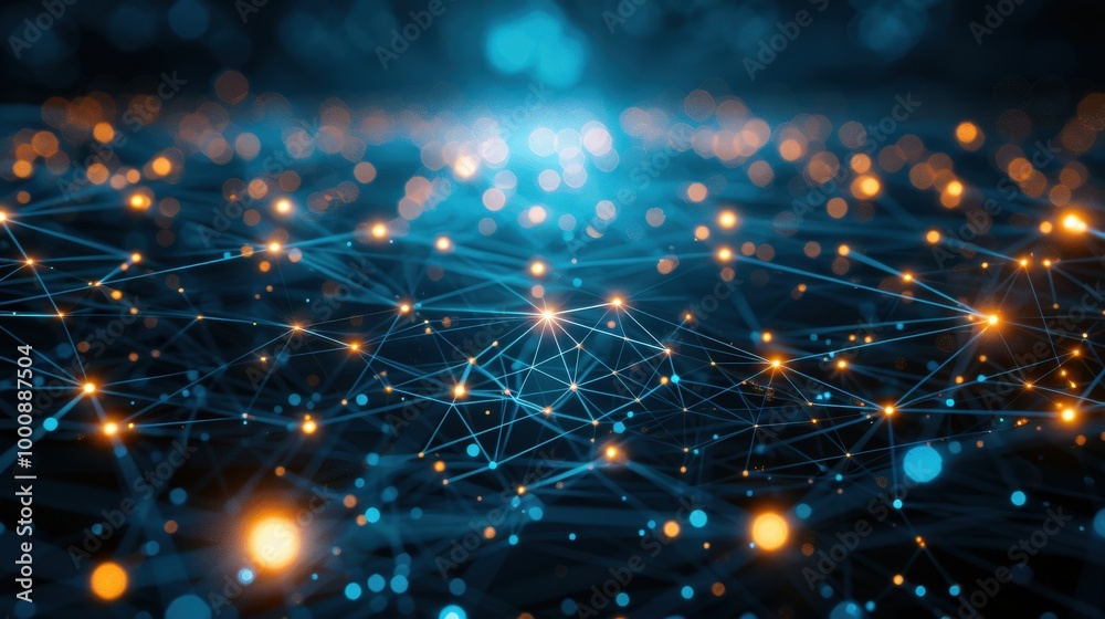 Poster interconnected glowing lines, dots forming complex network against dark background symbolize blockch