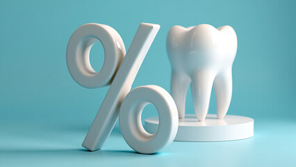 Image of a large white percentage symbol beside a tooth on a blue background, representing dental discounts and promoting dental care or hygiene deals.